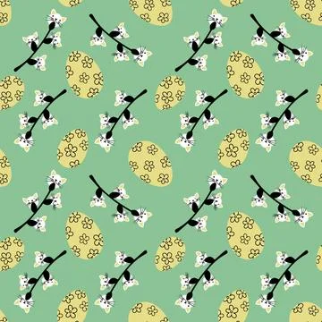 Easter seamless eggs and cat flowers pattern for wallpaper and fabrics イラスト素材