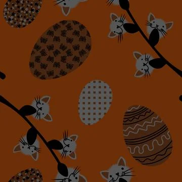 Easter seamless eggs and cat flowers pattern for wallpaper and fabrics Stock Illustration
