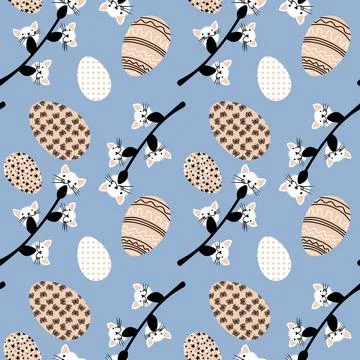 Easter seamless eggs and cat flowers pattern for wallpaper and fabrics Stock Illustration