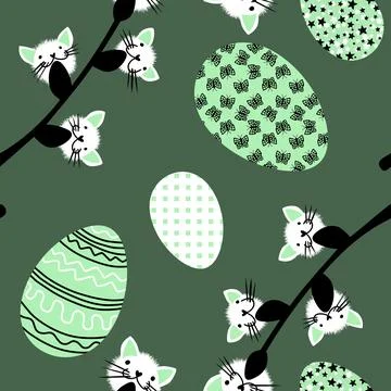 Easter seamless eggs and cat flowers pattern for wallpaper and fabrics Stock Illustration