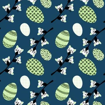 Easter seamless eggs and cat flowers pattern for wallpaper and fabrics 스톡 일러스트