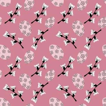 Easter seamless eggs and cat flowers pattern for wallpaper and fabrics Stock Illustration