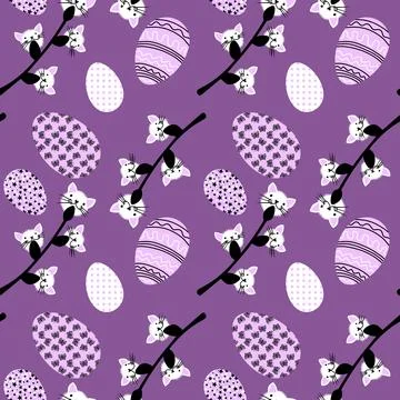 Easter seamless eggs and cat flowers pattern for wallpaper and fabrics Stock Illustration