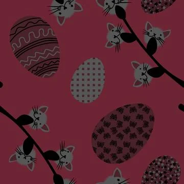 Easter seamless eggs and cat flowers pattern for wallpaper and fabrics 스톡 일러스트