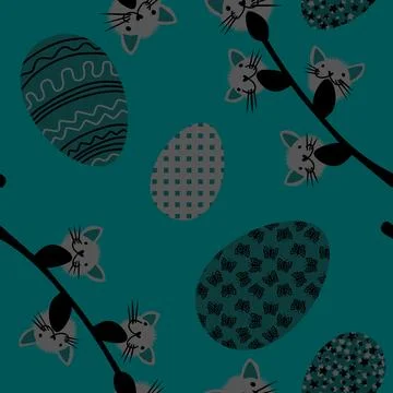 Easter seamless eggs and cat flowers pattern for wallpaper and fabrics 스톡 일러스트