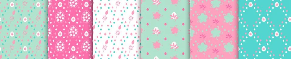 Easter seamless floral pattern set. Pink turquoise colorful Easter egg vector Illustrazione stock