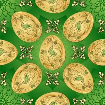 Easter seamless green pattern with golden eggs Stock Illustration