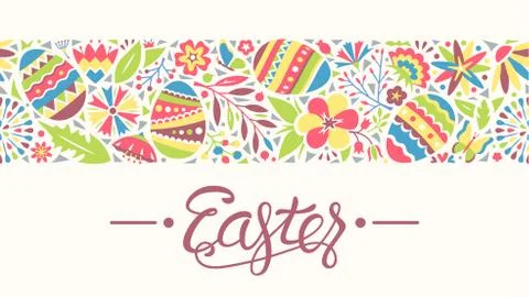 Easter Seamless Ornament Line with Eggs and Flowers Isolated on Beige Illustrazione stock