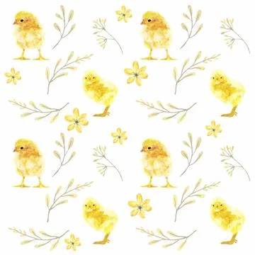 Easter seamless pattern with baby chicken and abstract flower doodles. Fest.. Stock Illustration