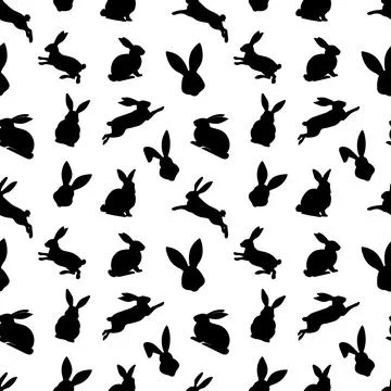 Easter seamless pattern of black rabbit silhouettes in different actions. F.. Stock Illustration