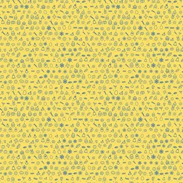 Easter seamless pattern, blue line icons on yellow background Illustrazione stock