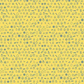 Easter seamless pattern, blue line icons on yellow background Illustrazione stock