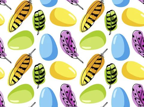 Easter Seamless Pattern with bright feathers and painted eggs. Hand drawn vector 스톡 일러스트