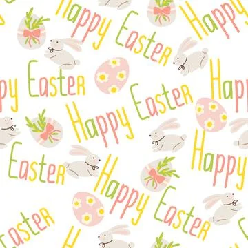 Easter seamless pattern with bunnies, eggs and text Happy Easter Stock Illustration