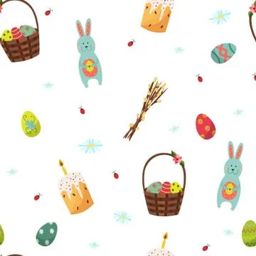 Easter seamless pattern with bunny, eggs, willow Stock Illustration