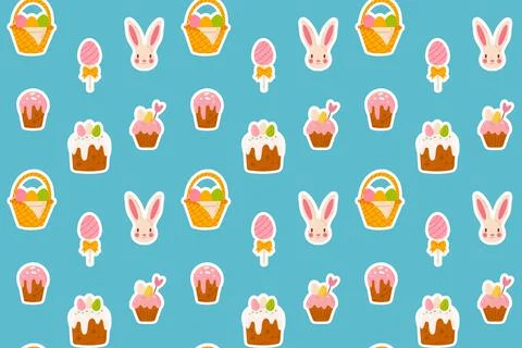 Easter Seamless pattern with a bunny, festive cake, basket with eggs Stock Illustration