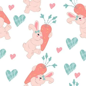 Easter seamless pattern with bunny or rabbit cartoon character in kawaii styl 스톡 일러스트