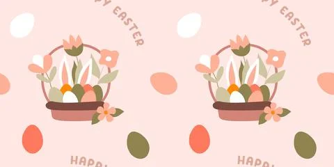 Easter Seamless Pattern with Bunny rabbit, Eggs, Basket and Spring Flowers on Stock Illustration