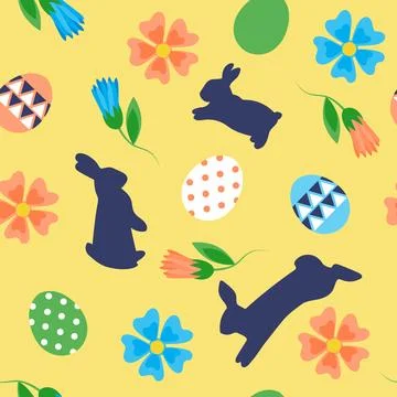 Easter seamless pattern. Bunny silhouette, festive egg, cute flowers. Pastel Illustrazione stock