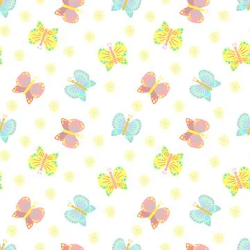 Easter seamless pattern of butterflies and flowers on a transparent backgroun Stock Illustration