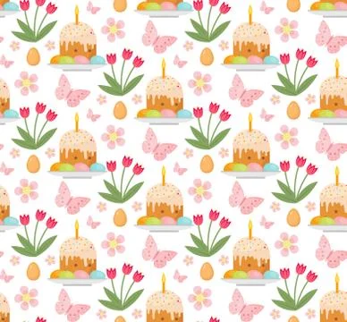 Easter seamless pattern with cake, eggs and tulips. Endless Spring backgrou.. Stock Illustration