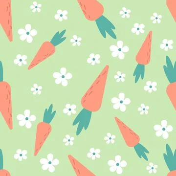 Easter seamless pattern with carrots and daisy. Cute hand drawn beautiful b.. 库存插图