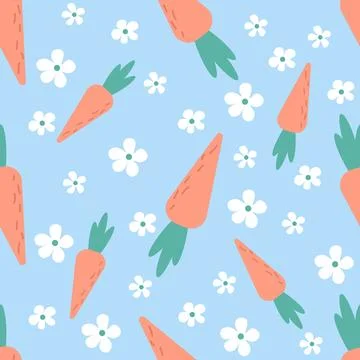 Easter seamless pattern with carrots and daisy. Cute hand drawn beautiful b.. 库存插图