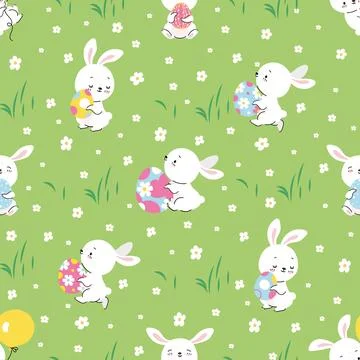 Easter seamless pattern, cartoon bunny and eggs decor. Spring bunnies, cute 스톡 일러스트