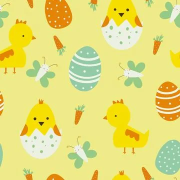 Easter seamless pattern in cartoon style. Colorful childish doodle with eggs Stock Illustration