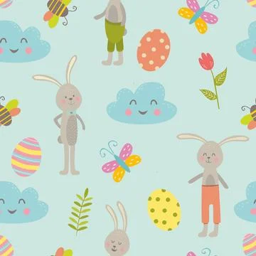 Easter seamless pattern in cartoon style. Colorful childish doodle with eggs Illustrazione stock