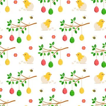 Easter seamless pattern with chicks, flowers, Easter eggs Stock Illustration