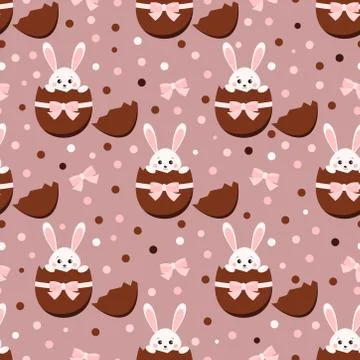 Easter seamless pattern with chocolate broken sweet egg and cute bunny rabbit Stock Illustration