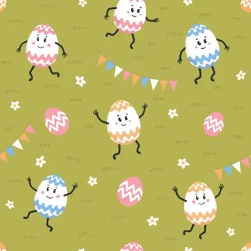 Easter seamless pattern. Colored eggs with cute faces dancing on a green lawn Stock Illustration