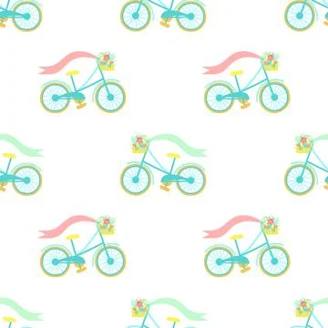 Easter seamless pattern with colorful bicycle and basket of flowers on a tran Stock Illustration