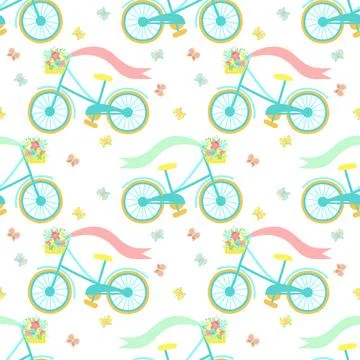 Easter seamless pattern with colorful bicycle, butterflies and basket of flow Stock Illustration