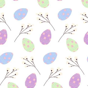 Easter seamless pattern with colorful Easter eggs and twigs in trendy hues Stock Illustration