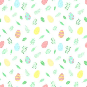 Easter seamless pattern with colorful eggs and green leaves on a transparent  Stock Illustration