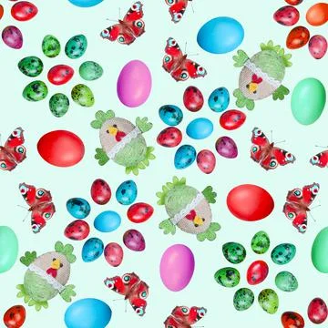 Easter seamless pattern with colorful eggs, toy chicken and butterflies on a 库存照片