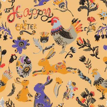 Easter seamless pattern with colorful roosters, hares, flowers and decorative Stock Illustration