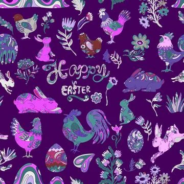 Easter seamless pattern with colorful roosters, hares, flowers and decorative Stock Illustration