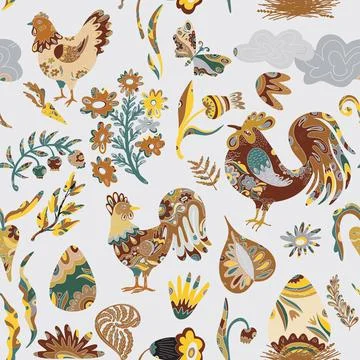 Easter seamless pattern with colorful roosters, hares, flowers and decorative Illustrazione stock