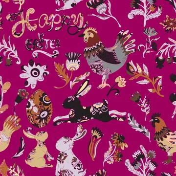 Easter seamless pattern with colorful roosters, hares, flowers and decorative Stockillustratie