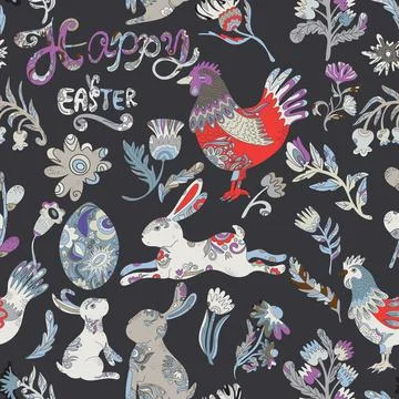 Easter seamless pattern with colorful roosters, hares, flowers and decorative イラスト素材