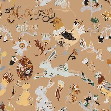 Easter seamless pattern with colorful roosters, hares, flowers and decorative 스톡 일러스트