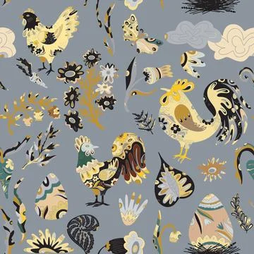 Easter seamless pattern with colorful roosters, hares, flowers and decorative 스톡 일러스트