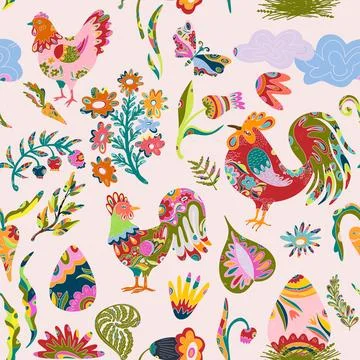 Easter seamless pattern with colorful roosters, hares, flowers and decorative Stock Illustration