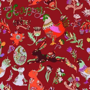 Easter seamless pattern with colorful roosters, hares, flowers and decorative Stock Illustration