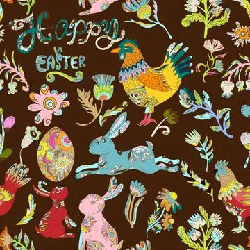 Easter seamless pattern with colorful roosters, hares, flowers and decorative Stock Illustration