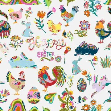 Easter seamless pattern with colorful roosters, hares, flowers and decorative Stockillustratie