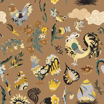 Easter seamless pattern with colorful roosters, hares, flowers and decorative Stock Illustration